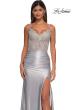 Picture of: Ruched Satin Evening Dress with Sheer Lace Top and Scallop Neckline in Silver, Style: 32689, Detail Picture 17