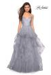 Picture of: Floor Length Tulle Dress with Floral Embellishments in Silver, Style: 27579, Detail Picture 1