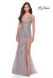 Picture of: Lace Long Dress with High Side Slit and V Neckline in Silver, Style: 31126, Detail Picture 2