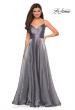 Picture of: Long Metallic Chiffon Dress with Ruching and V Back in Silver, Style: 27616, Detail Picture 3