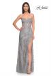 Picture of: Embroidered Lace Fitted Prom Dress with Lace Edge Slit in Silver, Style: 32013, Detail Picture 4