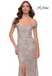 Picture of: Off the Shoulder Ruched Sequin Dress with Slit in Silver, Style 29831, Detail Picture 5