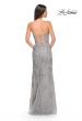 Picture of: Embroidered Lace Fitted Prom Dress with Lace Edge Slit in Silver, Style: 32013, Detail Picture 5
