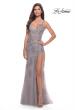 Picture of: Lace Long Dress with High Side Slit and V Neckline in Silver, Style: 31126, Detail Picture 6
