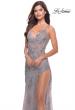 Picture of: Lace Long Dress with High Side Slit and V Neckline in Silver, Style: 31126, Detail Picture 7
