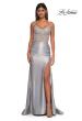 Picture of: Ruched Satin Evening Dress with Sheer Lace Top and Scallop Neckline in Silver, Style: 32689, Detail Picture 7