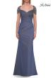 Picture of: Embroidered Lace Sleeve Gown with Keyhole Back in Slate Blue, Style: 33579, Detail Picture 1