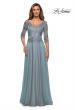 Picture of: Satin Three Quarter Sleeve Dress with V-Neckline in Slate Blue, Style: 28106, Detail Picture 2