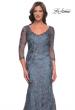 Picture of: Long Fitted Lace Dress with V Neckline and Sheer Sleeves in Smoky Blue, Style: 30130, Detail Picture 3