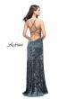 Picture of: Crushed Velvet Form Fitting Gown with Leg Slit and Open Back in Steel Gray, Style: 25659, Back Picture