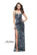 Picture of: Crushed Velvet Form Fitting Gown with Leg Slit and Open Back in Steel Gray, Style: 25659, Detail Picture 1