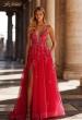Picture of: Beautiful Lace Embellished A-Line Tulle Prom Dress with Deep V in Strawberry, Style: 32062, Main Picture