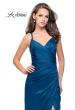 Picture of: Satin Prom Dress with Ruching and Open Strappy Back in Teal, Style: 26036, Detail Picture 1