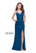 Picture of: Satin Prom Dress with Ruching and Open Strappy Back in Teal, Style: 26036, Detail Picture 3