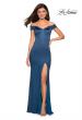 Picture of: Form Fitting Off the Shoulder Satin Prom Dress in Teal, Style: 27752, Detail Picture 4