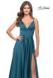 Picture of: A-Line Satin Gown with Ruched Bodice and V Neck in Teal, Style: 31505, Detail Picture 6