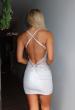 Picture of: Embellished Open-Back Ruched Mini Dress in White, Style 33928, Detail Picture 6