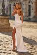 Picture of: Satin Fitted Gown with High Slit and Adjustable Spaghetti Straps in White, Style: 33413, Detail Picture 5