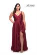 Picture of: Ruffle Slit Satin Long Plus Size Dress with V Neck in Wine, Style: 29740, Detail Picture 1