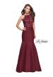 Picture of: Long Mermaid Prom Dress with Laser Cut Pattern Detail in Wine, Style: 25650, Detail Picture 1