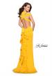 Picture of: Long Jersey Prom Dress with Ruffle Detail and Slit in Yellow, Style: 25971, Detail Picture 2