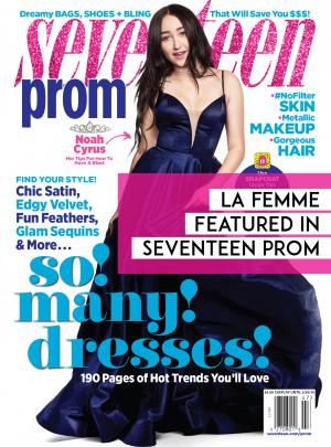Seventeen Prom Cover Featuring La Femme Navy Prom Dress on Noah Cyrus