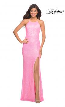 Picture of: Neon Pink High Neck Sequin Gown with Open Back in Pink, Style: 30638, Main Picture