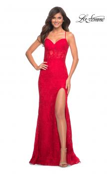 Picture of: Lace Prom Gown With Sheer Bodice and Tie Up Back in Red, Style: 30671, Main Picture