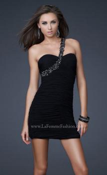 Picture of: Short Dress with All Over Ruching and Floral Beaded Strap in Black, Style: 14612, Main Picture