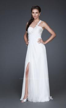 Picture of: Ruched Bust Prom Dress with Beaded Floral Strap in White, Style: 16760, Main Picture