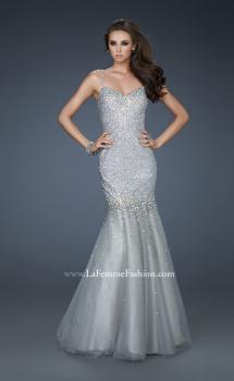 Picture of: Sequined Trumpet Gown with Tulle and Rhinestone Detail in Silver, Style: 18156, Main Picture