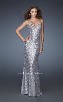 Picture of: V Neck Sequined Gown with Sheer Straps and Stones in Silver, Style: 18440, Main Picture