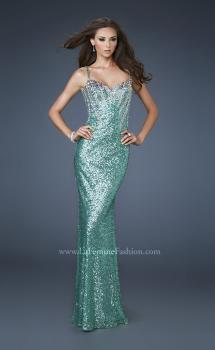 Picture of: Fitted Sequined Gown with Cascading Rhinestone Pattern in Green, Style: 18522, Main Picture