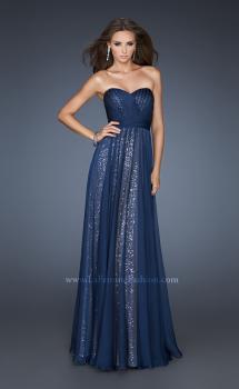 Picture of: Sequined Prom Gown with Chiffon Overlay and Belted Waist in Blue, Style: 18706, Main Picture