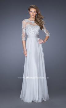 Picture of: Long Chiffon Dress with Illusion Beaded Lace Sleeves in Silver, Style: 19137, Main Picture