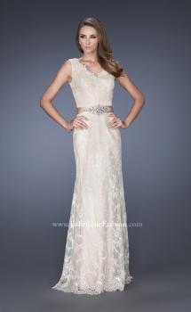 Picture of: Long Lace Prom Dress with Jeweled Ribbon Belt in White, Style: 19191, Main Picture