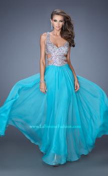 Picture of: Long Chiffon Prom Gown with Beaded Bodice and Cut Outs in Blue, Style: 19658, Main Picture