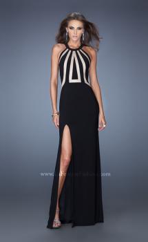 Picture of: Long Fitted Jersey Prom Gown with Bold Nude Cut Out Detail in Black, Style: 19769, Main Picture