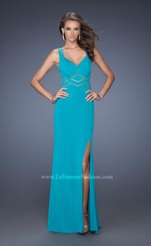 Picture of: Long Jersey Prom Gown with Mesh and a Side Leg Slit in Blue, Style: 19851, Main Picture