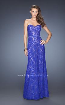 Picture of: Strapless Column Prom Dress with Lace Detail and Belt in Blue, Style: 20107, Main Picture