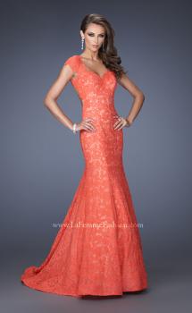 Picture of: Cap Sleeve Lace Mermaid Dress with Open Back in Orange, Style: 20117, Main Picture