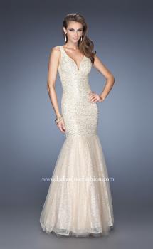 Picture of: V Neck Lace Mermaid Prom Dress Covered in Sequins in Nude, Style: 20381, Main Picture