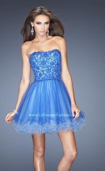 Picture of: Short Strapless Tulle Dress with ruffled Hem and Lace in Blue, Style: 20386, Main Picture