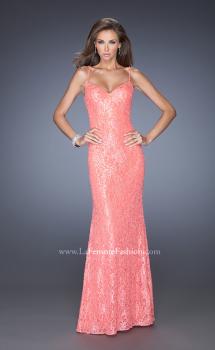 Picture of: Long Sequin and Lace Prom Dress with V Shaped Back in Orange, Style: 20431, Main Picture