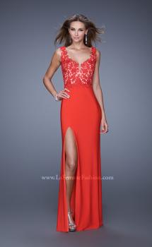 Picture of: Sleeveless Jersey Gown with Lace Bodice and Slit in Orange, Style: 20640, Main Picture