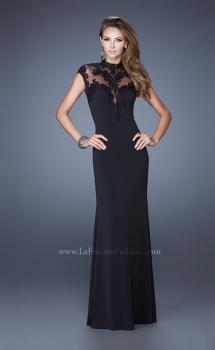 Picture of: High Neck and Cap Sleeve Jersey Prom Dress with Lace in Black, Style: 20650, Main Picture