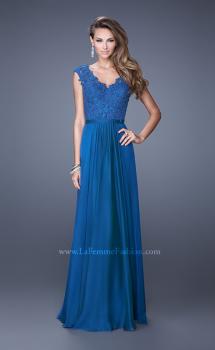 Picture of: V Neck Long Chiffon Dress with Lace and Cap Sleeves in Blue, Style: 20812, Main Picture