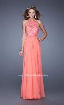 Picture of: Halter Neck and Lace Bodice Long Prom Gown in Coral, Style: 20874, Main Picture