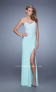 Picture of: Strapless Jersey Dress with Slit and Beaded Lace Fade in Aqua, Style: 20923, Main Picture