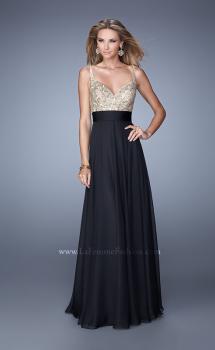 Picture of: Long Chiffon Prom Dress with Gathered Waist and Beading in Black Gold, Style: 20932, Main Picture